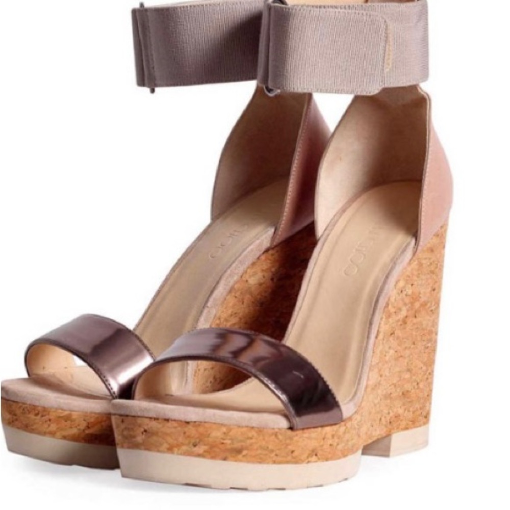 Jimmy Choo Metallic Pink Cork Wedge Sandals with Ankle Strap
